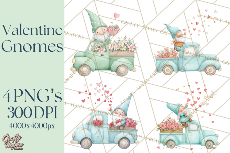 Valentine Gnome Clipart, Vintage Truck PNG, Pastel Hearts