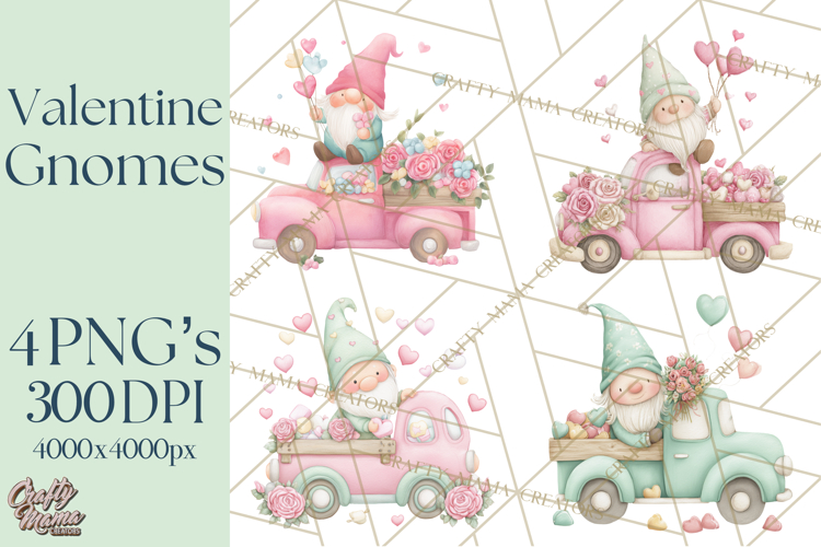 Valentine Gnome Clipart, Vintage Truck PNG, Pastel Hearts