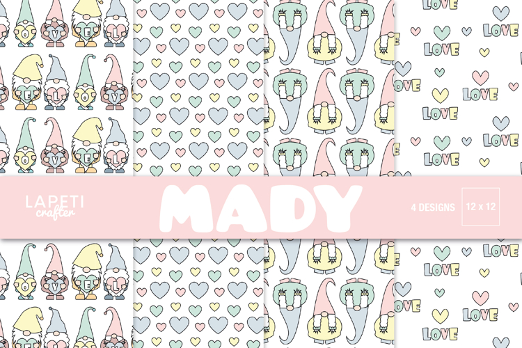 Valentine Gnomes Digital Paper, Cute Love Heart Patterns