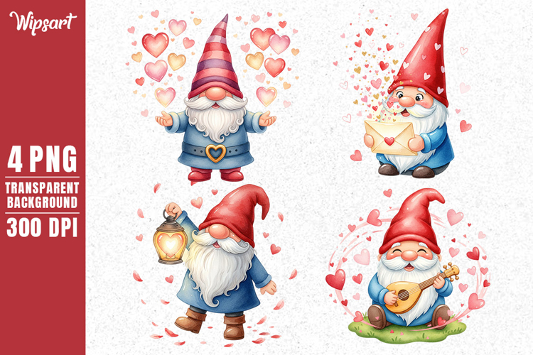 Valentine Gnomes with Hearts, Letters and Lantern PNG