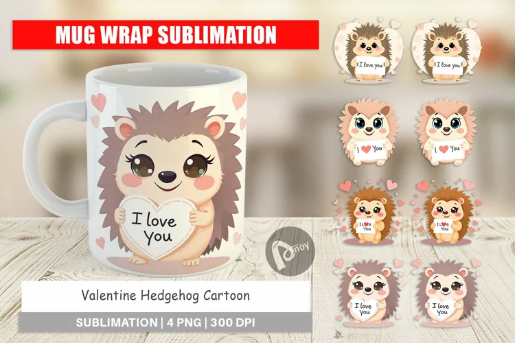 Mug Wrap Design Valentine Hedgehog Cartoon