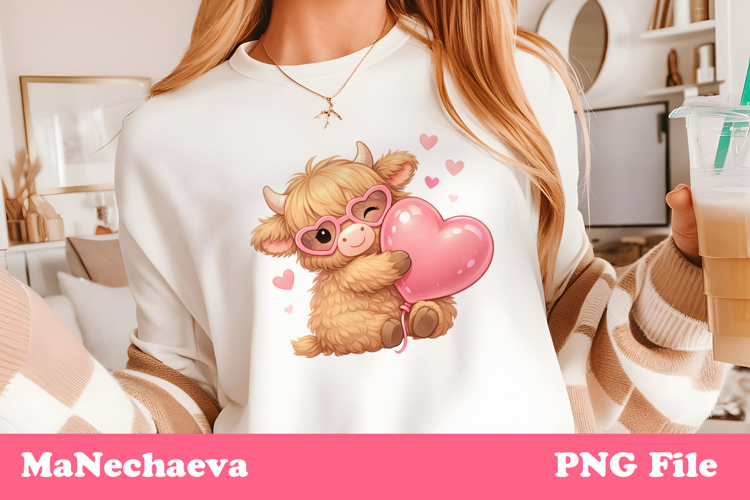 Cute Highland Baby Cow Sublimation Valentine’s Heart Clipart