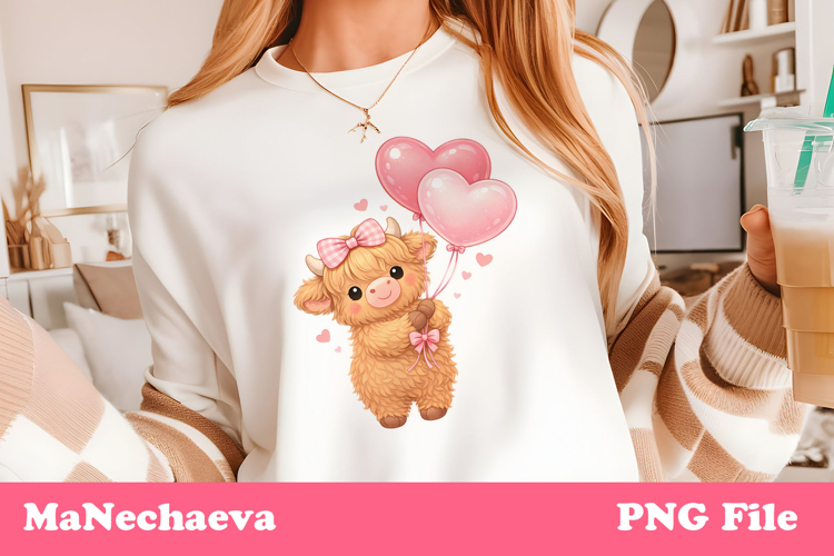 Cute Highland Baby Cow Sublimation Valentine’s Heart Clipart