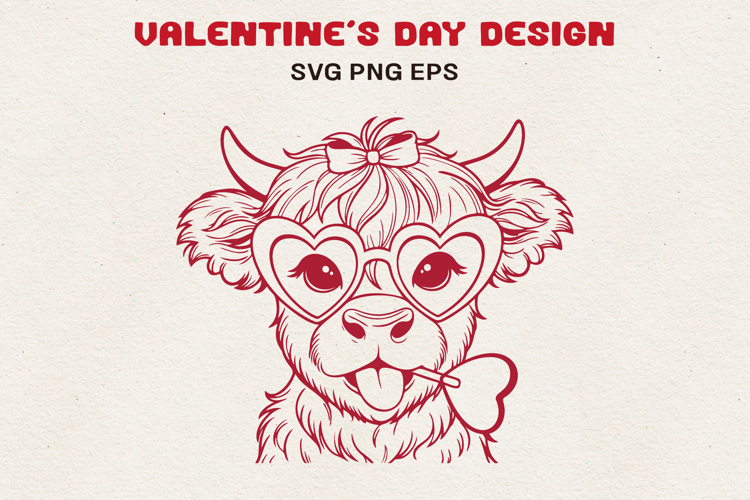 Highland Cow with Heart Glasses Valentine Line Art SVG