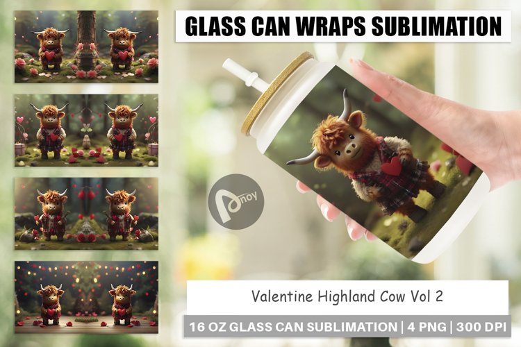 Glass Can Wraps Valentine Highland Cow