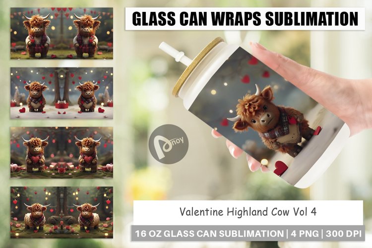 Glass Can Wraps Valentine Highland Cow