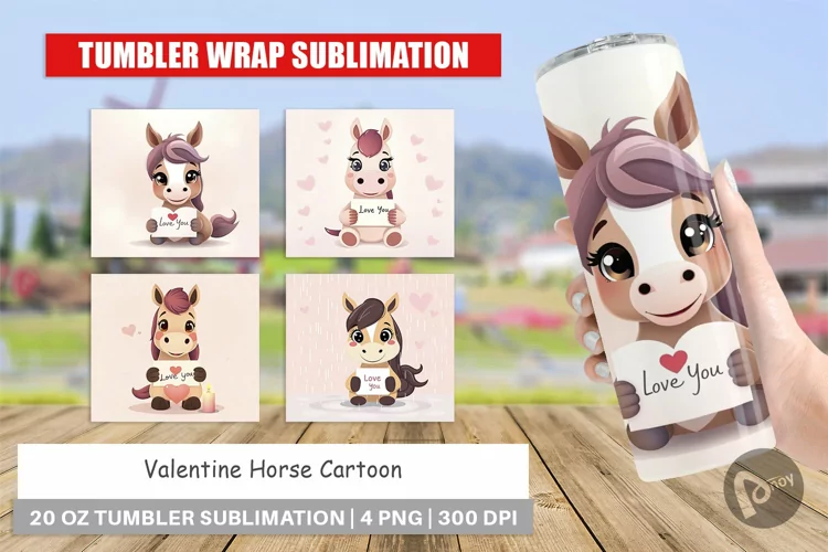 Tumbler Wrap Valentine Horse Cartoon