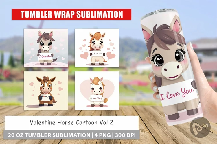 Tumbler Wrap Valentine Horse Cartoon