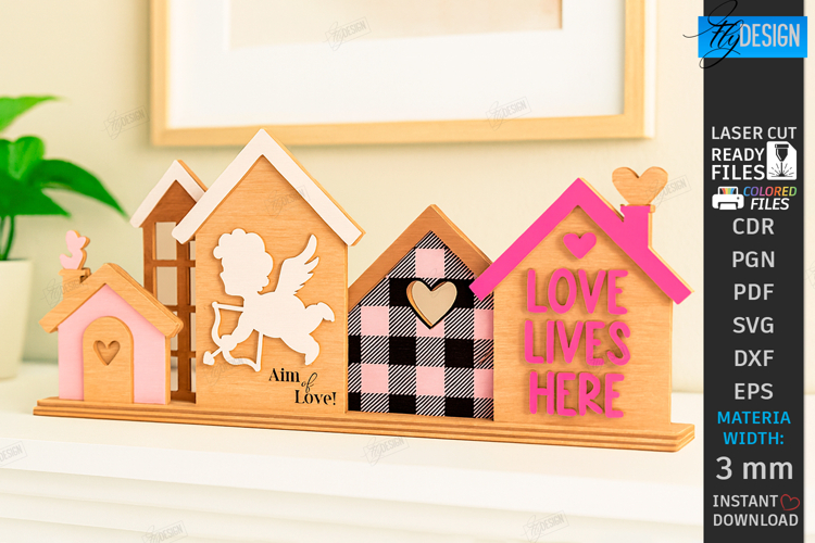 Valentine’s Day Houses Laser Cut| Tabletop Décor |3D Village
