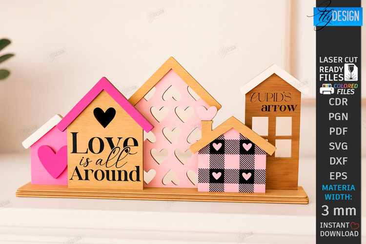 Valentine’s Day Houses Laser Cut| Tabletop Décor |3D Village