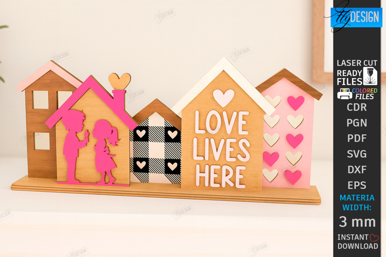 Valentine’s Day Houses Laser Cut| Tabletop Décor |3D Village