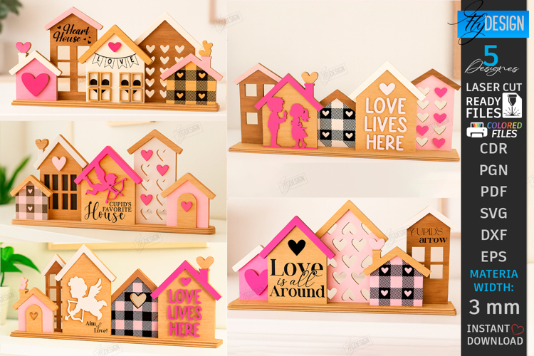 Valentine’s Day Houses Stand Laser Cut Bundle | 3D Village