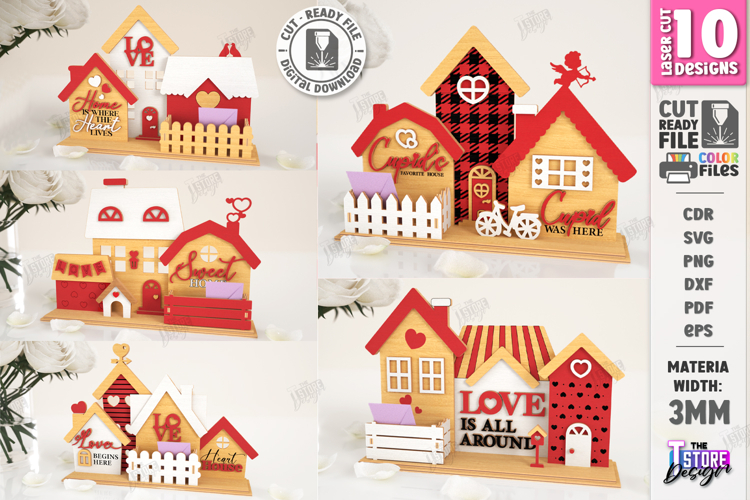 Valentine House Village Stands Laser Cut Bundle | 3D Village