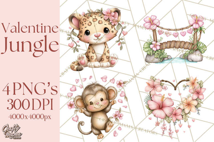 Valentine Jungle Animals PNG, Mini World, Cute Safari Hearts