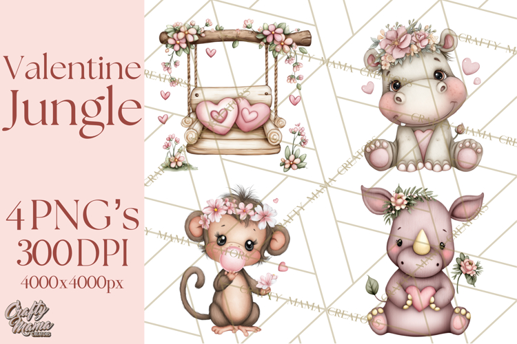 Valentine Jungle Animals PNG, Mini World, Cute Safari Hearts