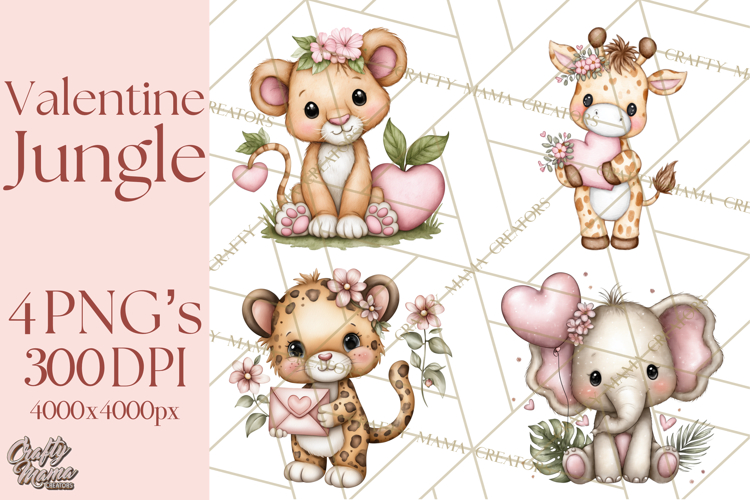 Valentine Jungle Animals PNG, Mini World, Cute Safari Hearts