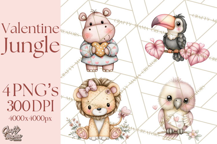 Valentine Jungle Animals PNG, Mini World, Cute Safari Hearts