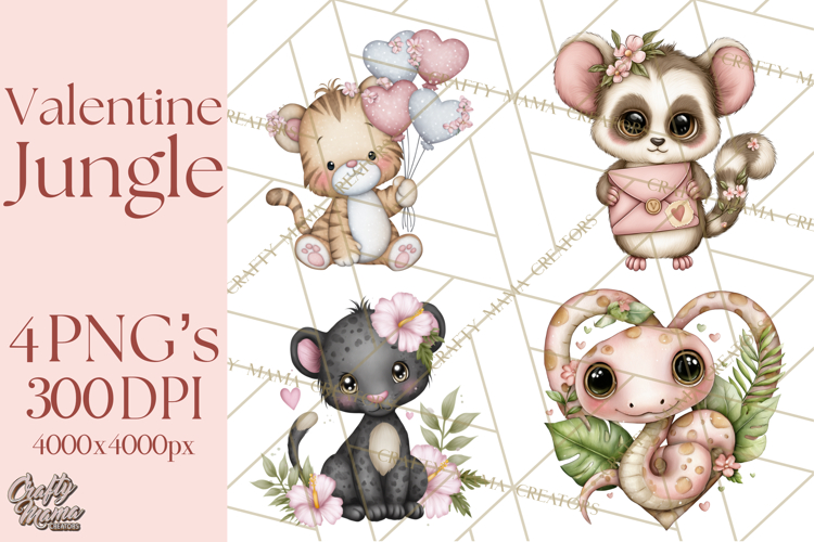 Valentine Jungle Animals PNG, Mini World, Cute Safari Hearts