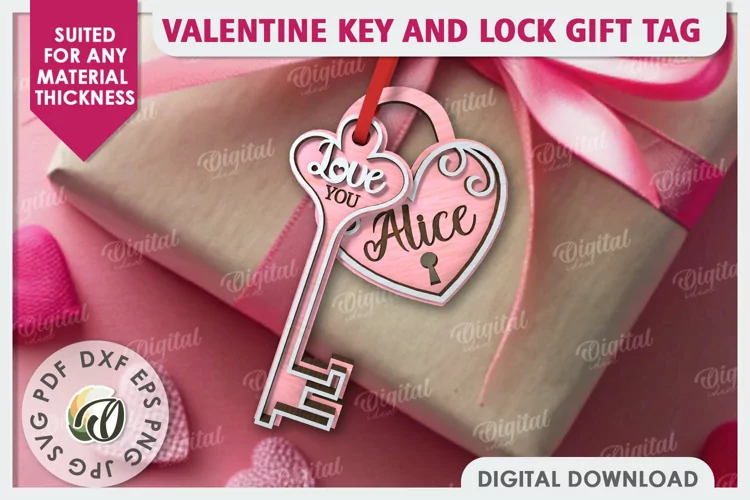Valentine Tag Lock and Key Laser Cut. Valentine Keychain SVG