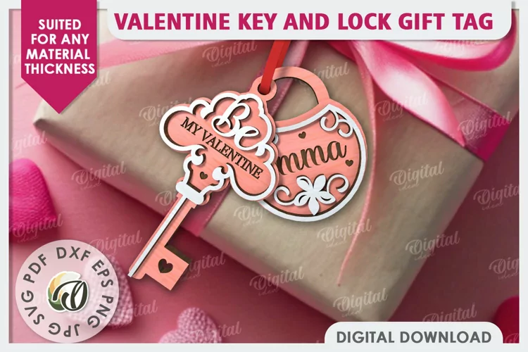 Valentine Tag Lock and Key Laser Cut. Valentine Keychain SVG