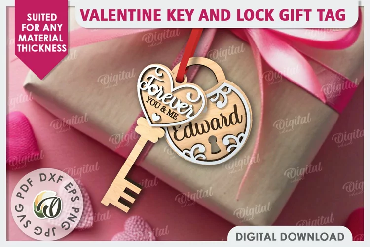 Valentine Tag Lock and Key Laser Cut. Valentine Keychain SVG