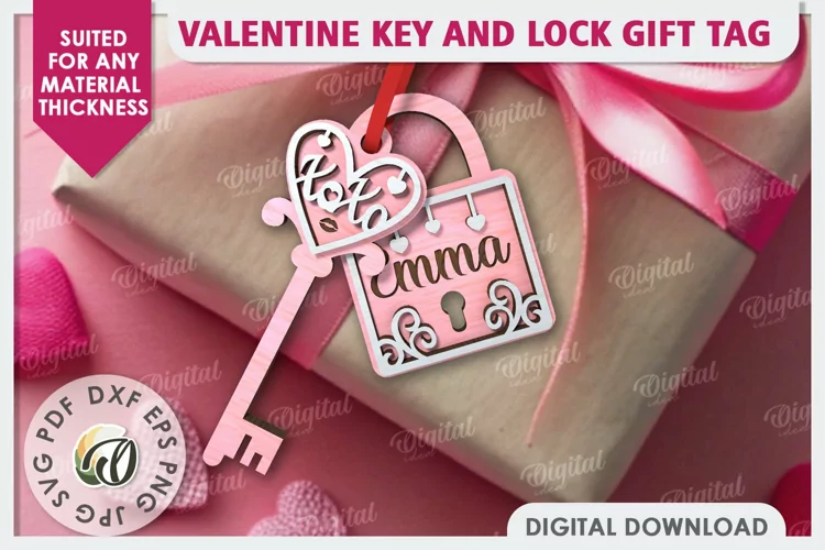 Valentine Tag Lock and Key Laser Cut. Valentine Keychain SVG