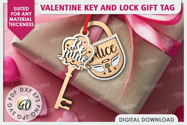 Valentine Tag Lock and Key Laser Cut. Valentine Keychain SVG