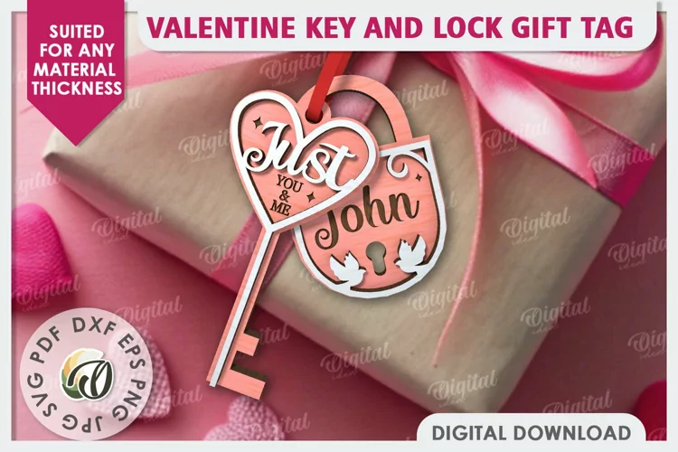 Valentine Tag Lock and Key Laser Cut. Valentine Keychain SVG