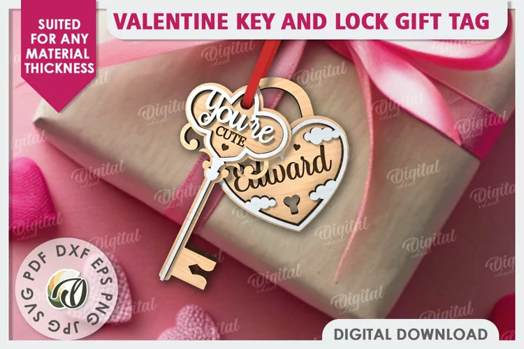Valentine Tag Lock and Key Laser Cut. Valentine Keychain SVG