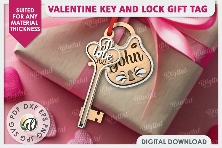 Valentine Tag Lock and Key Laser Cut. Valentine Keychain SVG