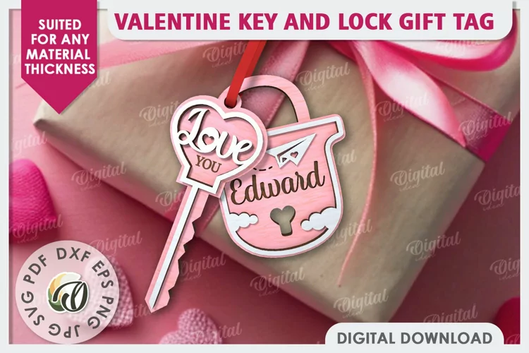 Valentine Tag Lock and Key Laser Cut. Valentine Keychain SVG