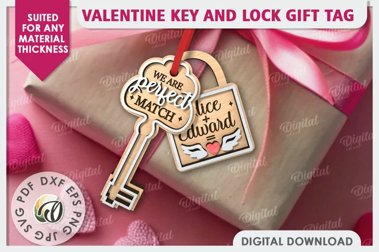 Valentine Tag Lock and Key Laser Cut. Valentine Keychain SVG