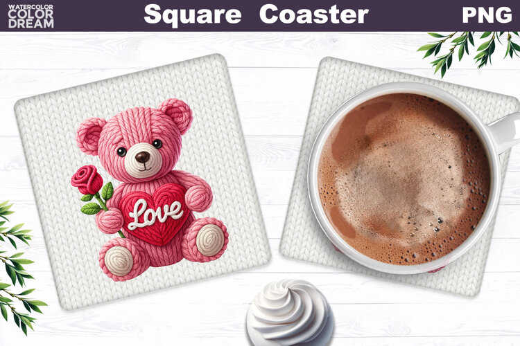 Valentine Bear Square Coaster| Bear Heart Love Sublimation example image 1