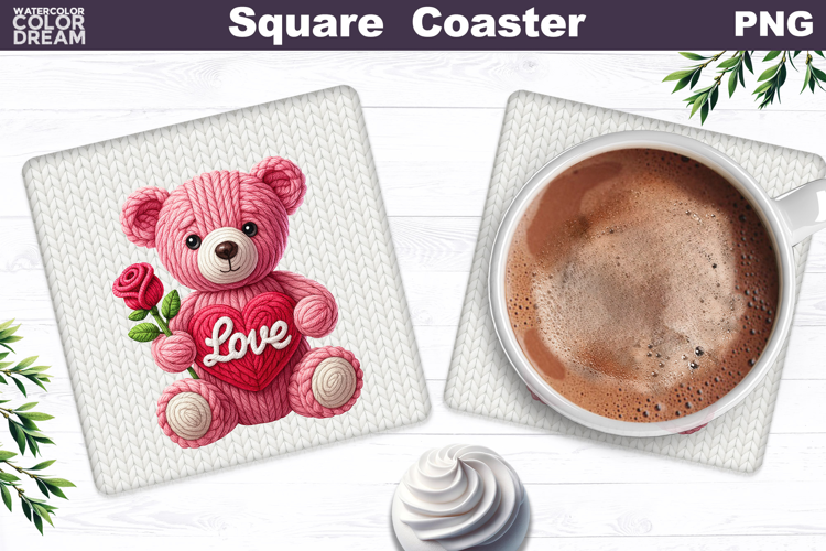 Valentine Bear Square Coaster| Bear Heart Love Sublimation