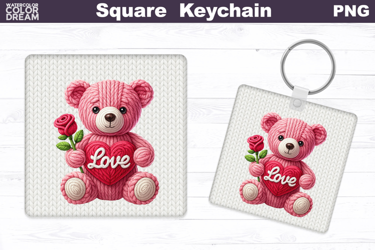 Valentine Bear Square Keychain | Bear Love Heart Sublimation
