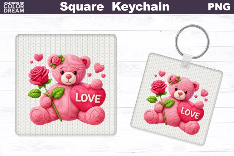 Valentine Bear Square Keychain | Bear Love Heart Sublimation example image 1