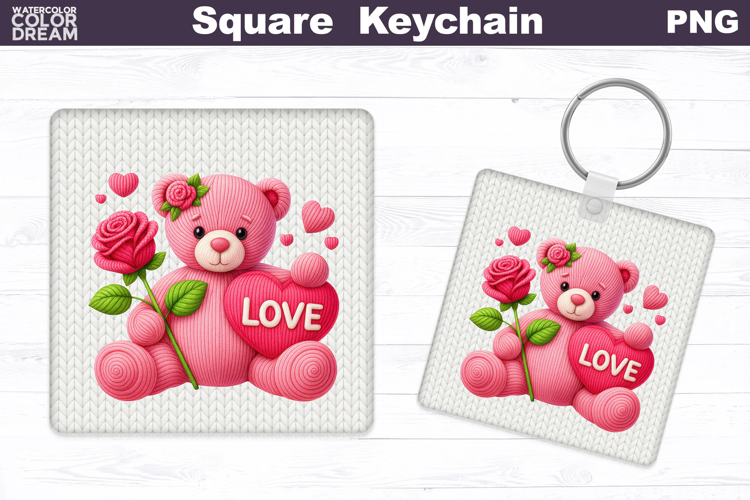 Valentine Bear Square Keychain | Bear Love Heart Sublimation