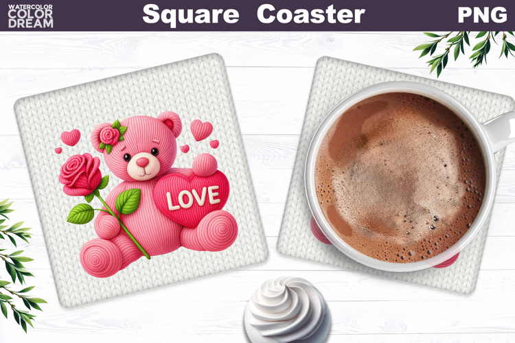 Valentine Bear Square Coaster| Bear Heart Love Sublimation