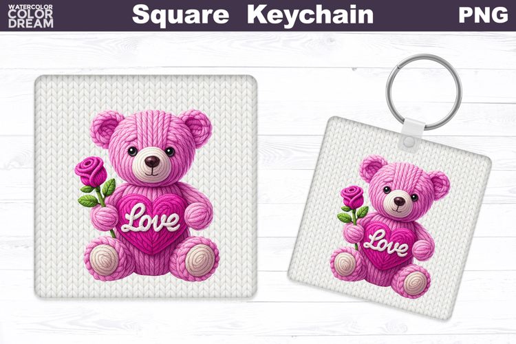 Valentine Bear Square Keychain | Bear Love Heart Sublimation