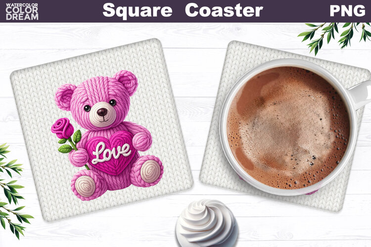 Valentine Bear Square Coaster| Bear Heart Love Sublimation example image 1