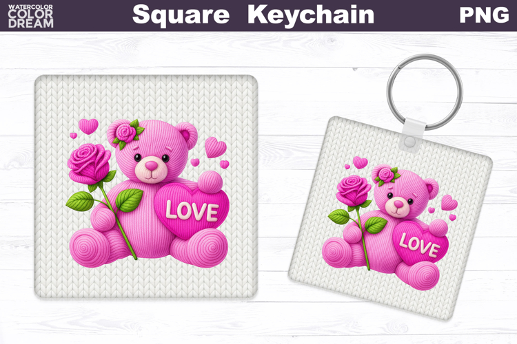 Valentine Bear Square Keychain | Bear Love Heart Sublimation