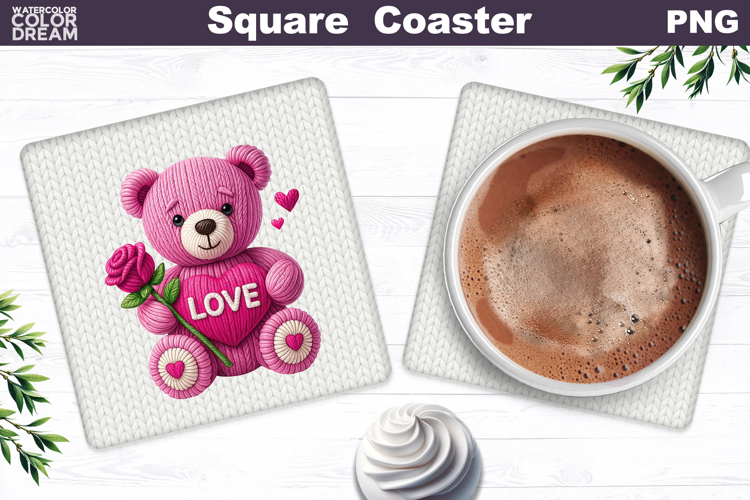 Valentine Bear Square Coaster| Bear Heart Love Sublimation