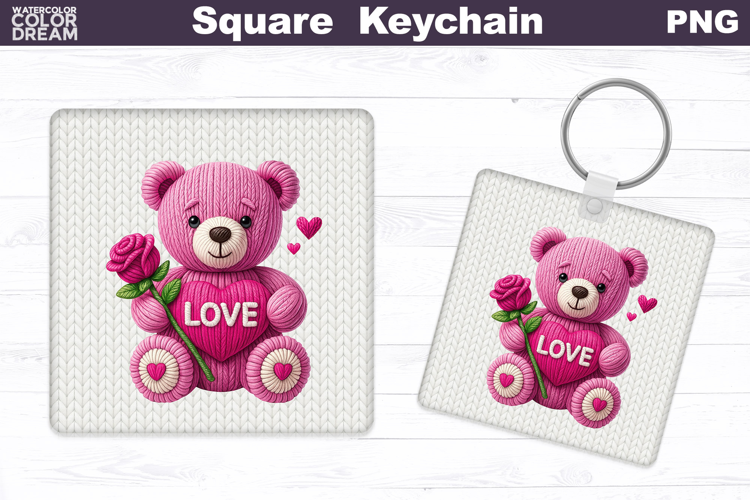 Valentine Bear Square Keychain | Bear Love Heart Sublimation
