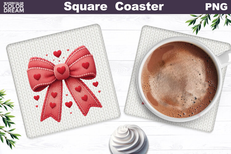 Valentine Bow Square Coaster| Heart Love Sublimation example image 1