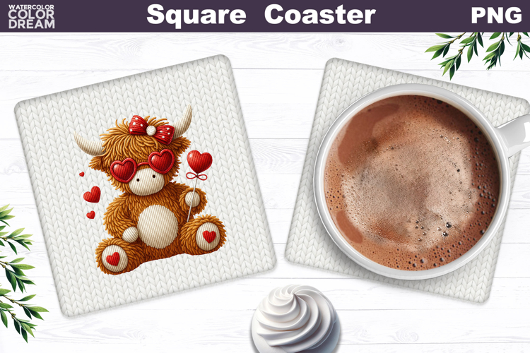 Valentine Square Coaster| Highland Cow Sublimation