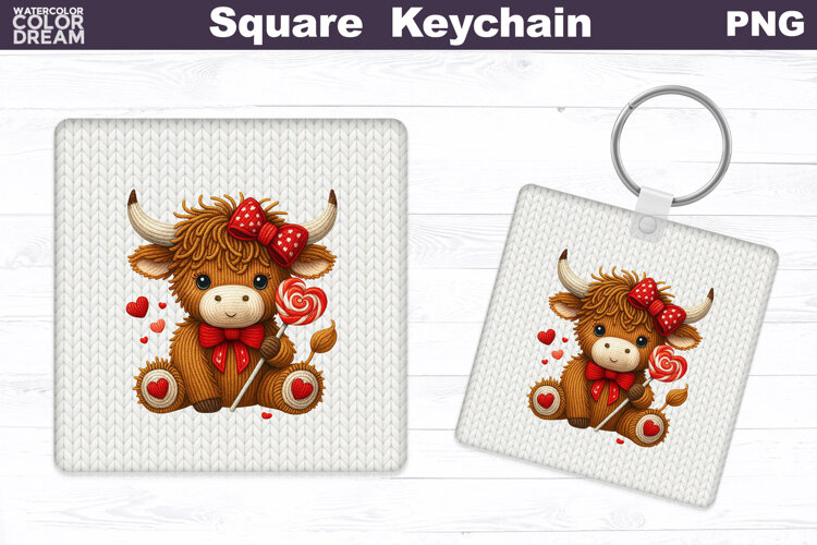 Valentine Square Keychain | Highland Cow Sublimation example image 1