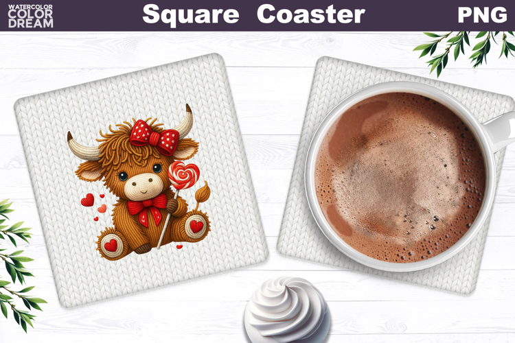 Valentine Square Coaster| Highland Cow Sublimation