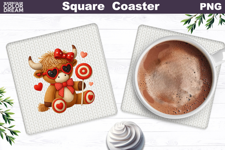 Valentine Square Coaster| Highland Cow Sublimation