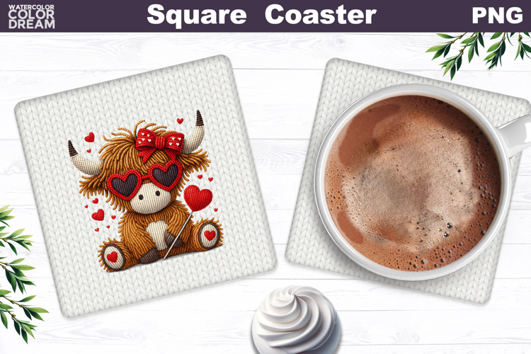 Valentine Square Coaster| Highland Cow Sublimation