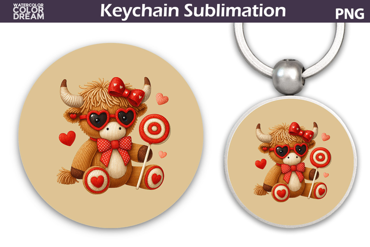 Highland Cow Heart Round Keychain | Valentine Key Ring